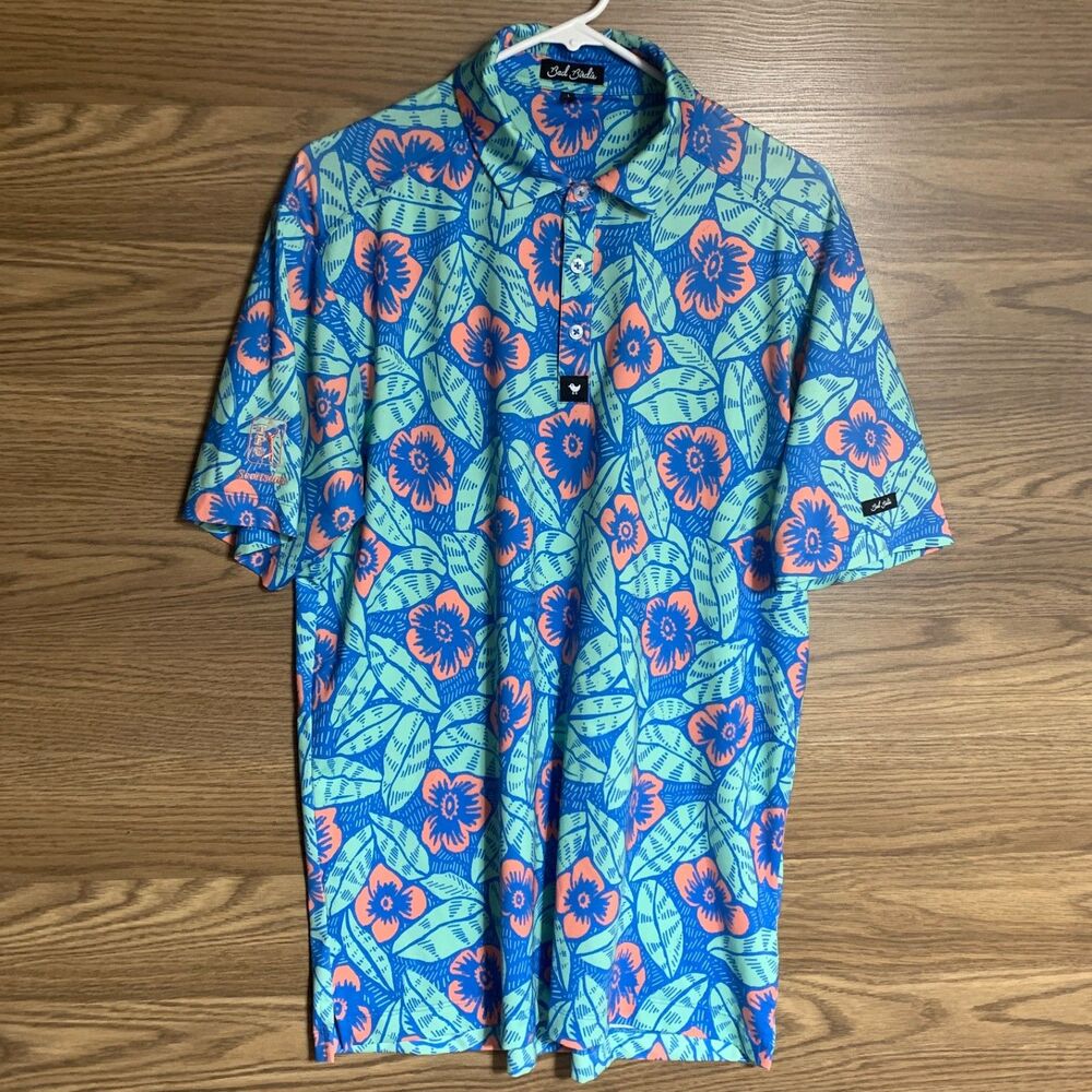 Bad Birdie Polo Shirt Mens Large Blue Floral Multicolors Golf All Over Print AOP